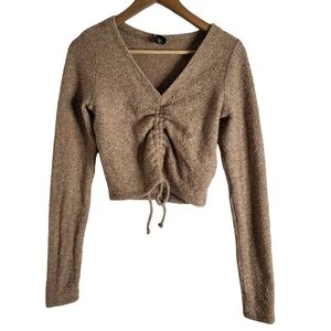Cozy Ruched V-Neck Long Sleeve Top - Tan
